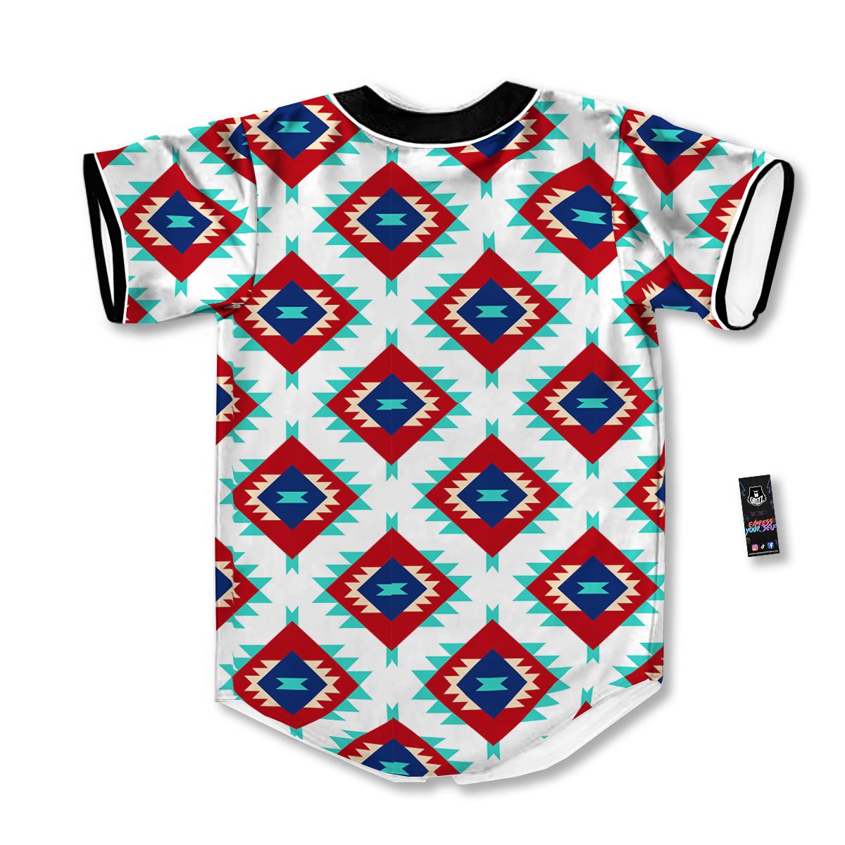 Southwestern Teal And Red Print Pattern Baseball Jersey-grizzshop