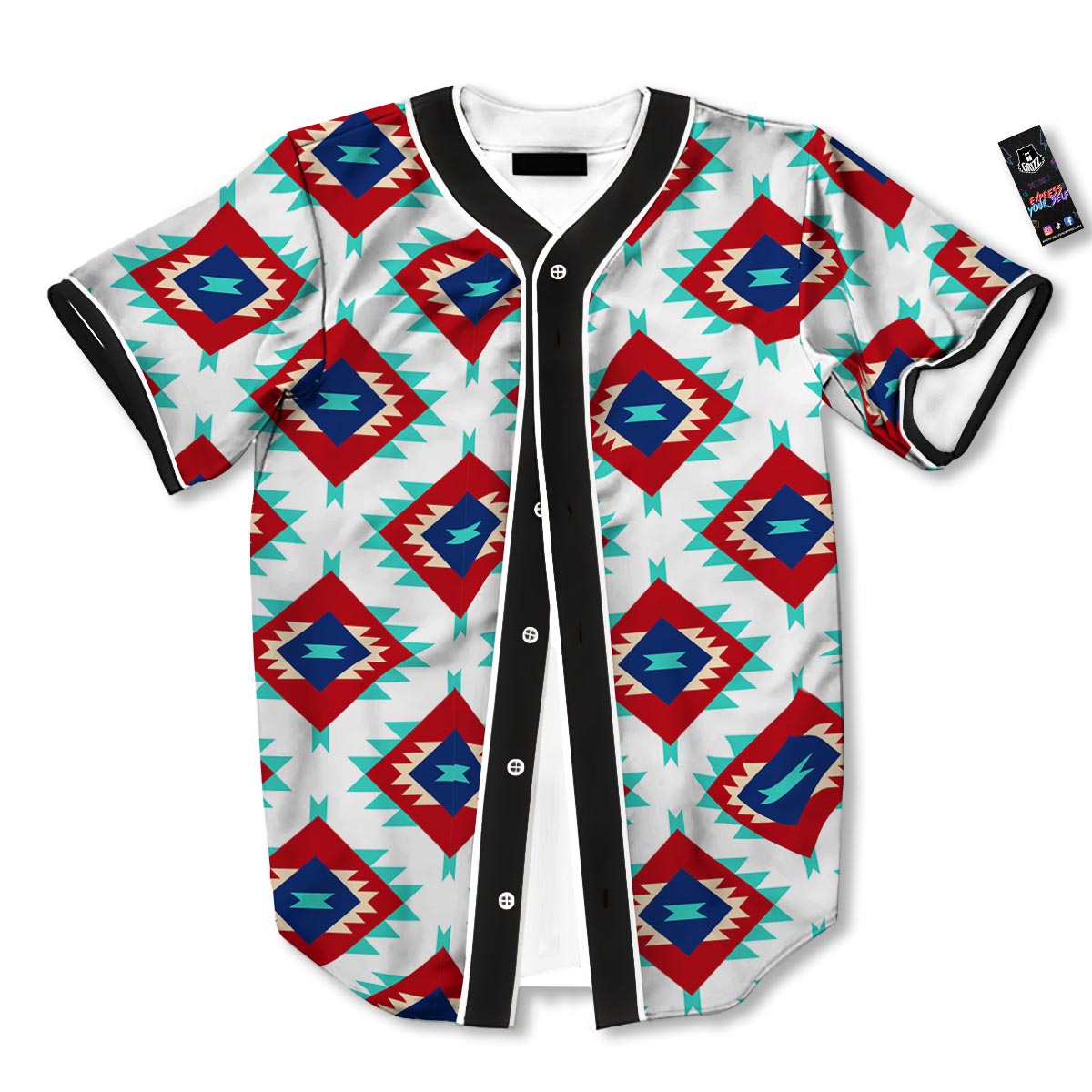 Southwestern Teal And Red Print Pattern Baseball Jersey-grizzshop