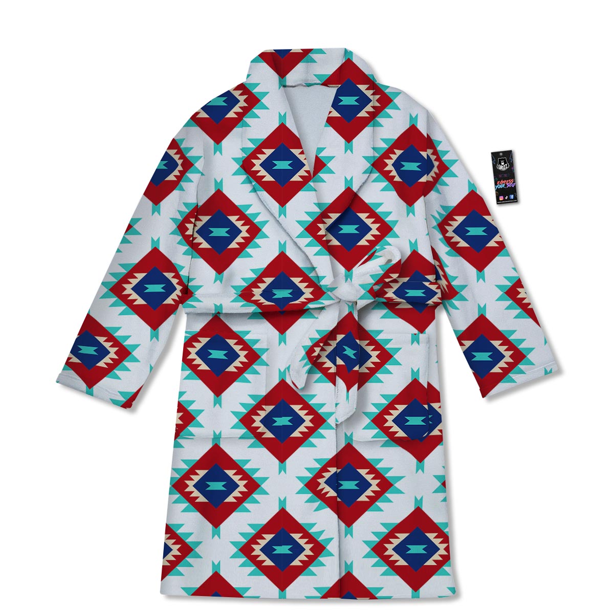 Southwestern Teal And Red Print Pattern Bathrobe-grizzshop