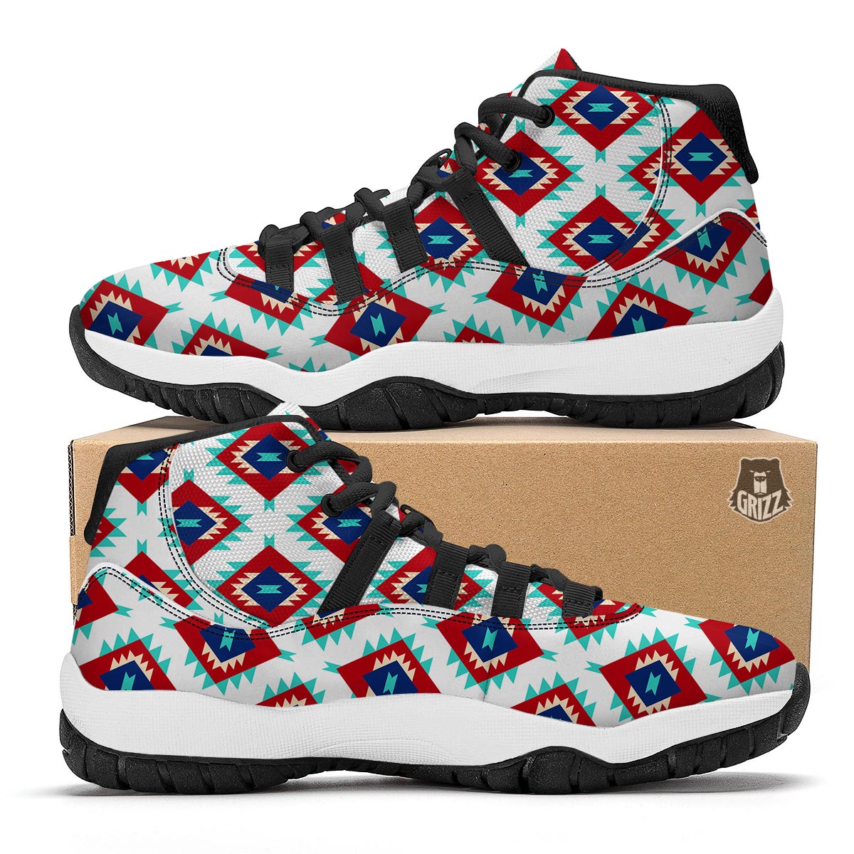 Southwestern Teal And Red Print Pattern Black Bball Shoes-grizzshop