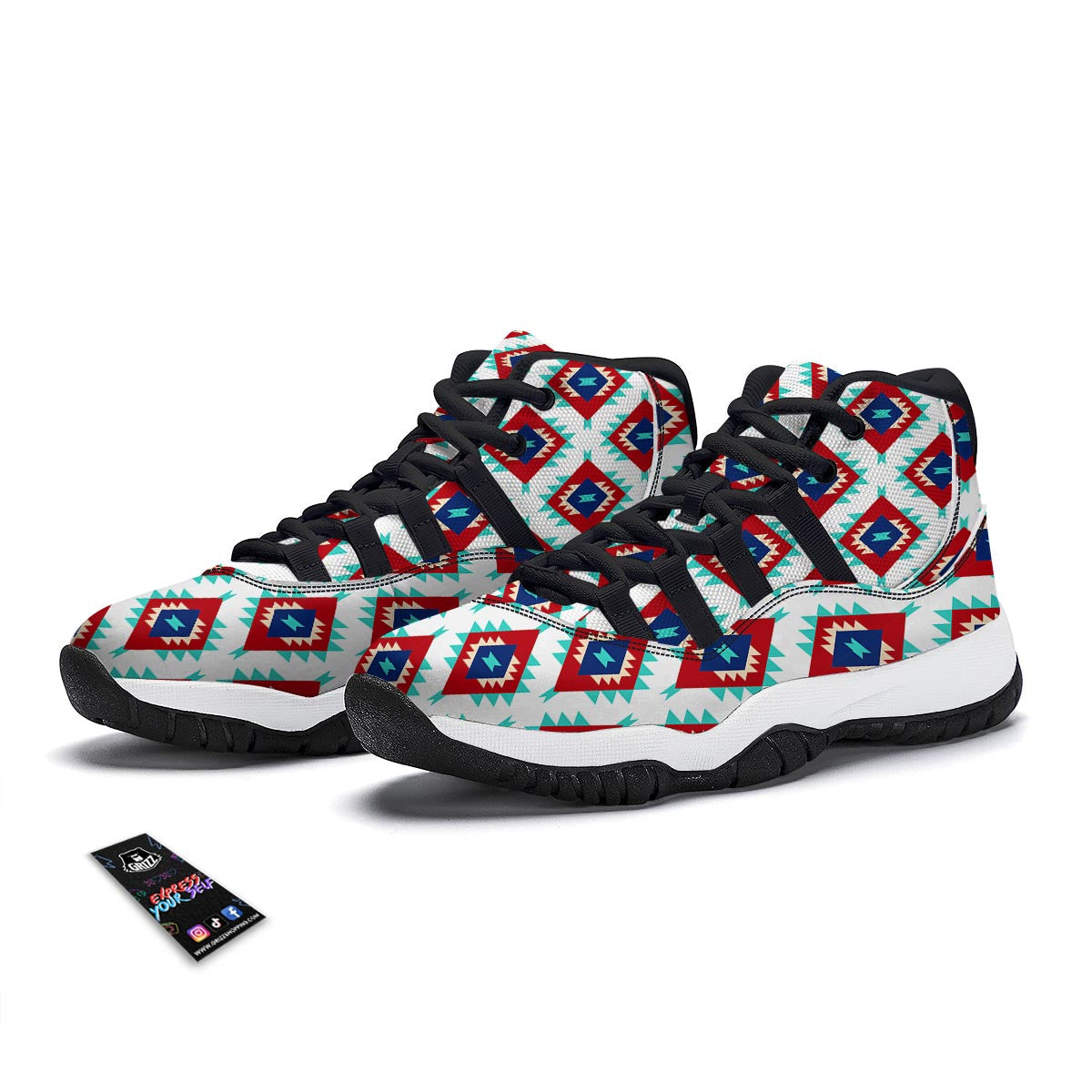 Southwestern Teal And Red Print Pattern Black Bball Shoes-grizzshop