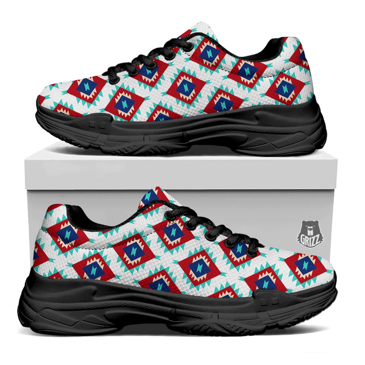 Southwestern Teal And Red Print Pattern Black Chunky Shoes-grizzshop