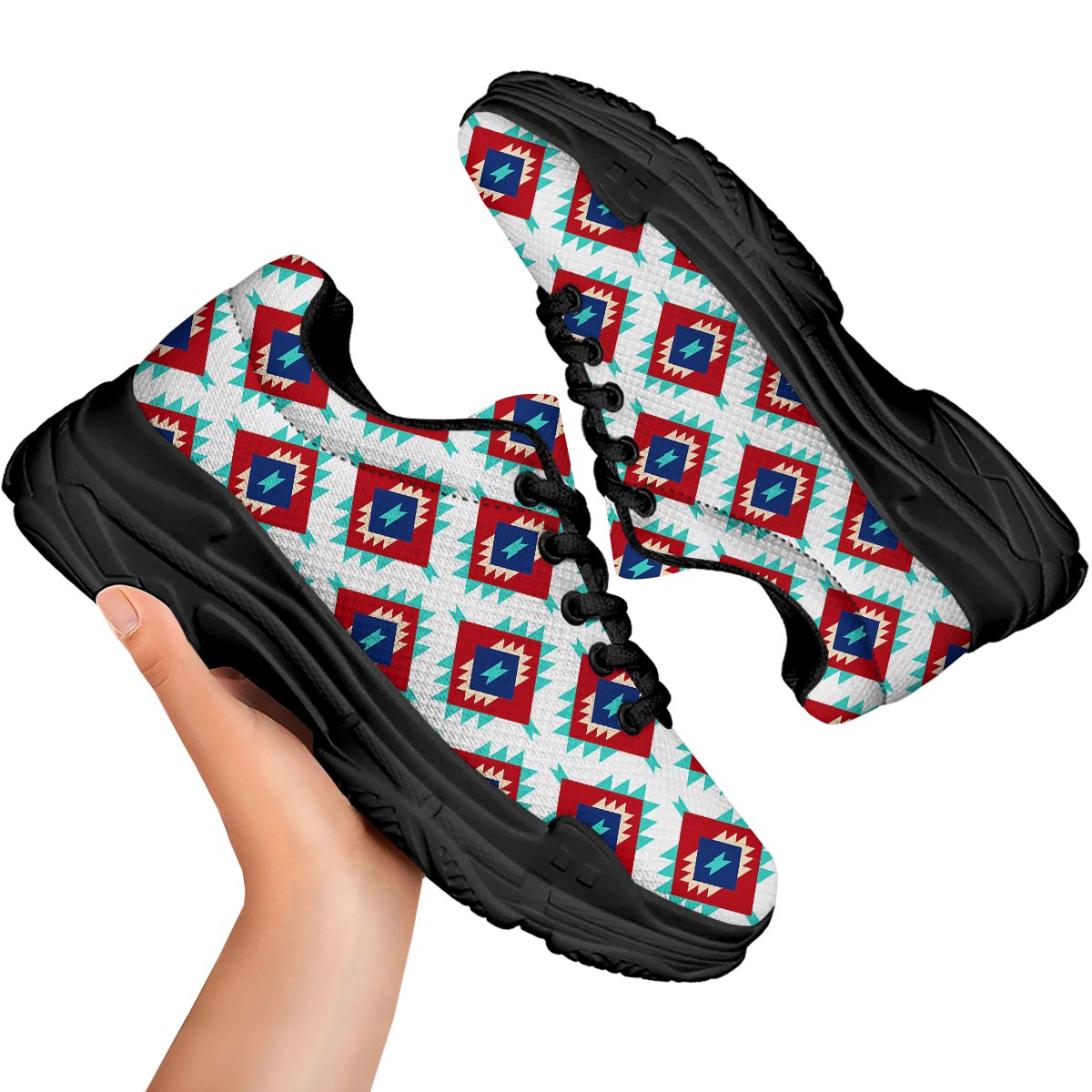 Southwestern Teal And Red Print Pattern Black Chunky Shoes-grizzshop