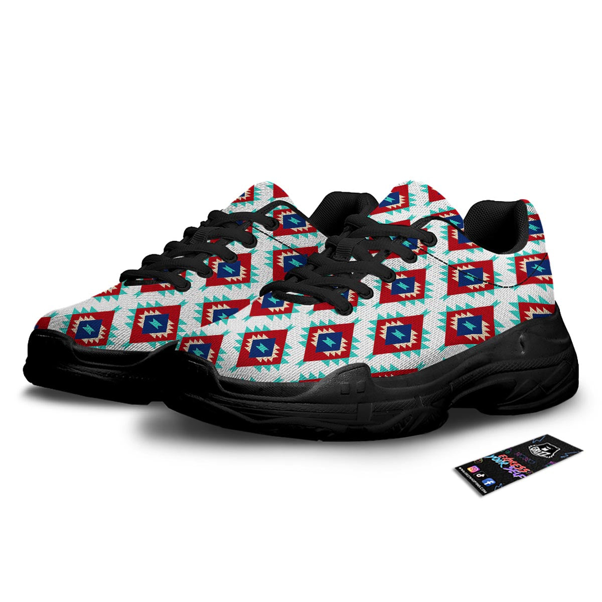 Southwestern Teal And Red Print Pattern Black Chunky Shoes-grizzshop