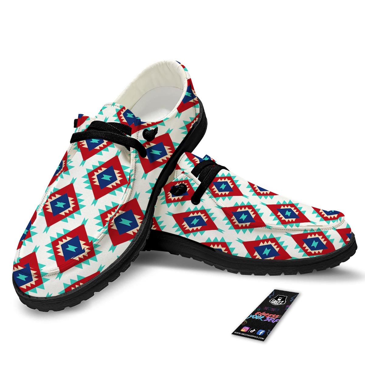 Southwestern Teal And Red Print Pattern Black Loafers-grizzshop
