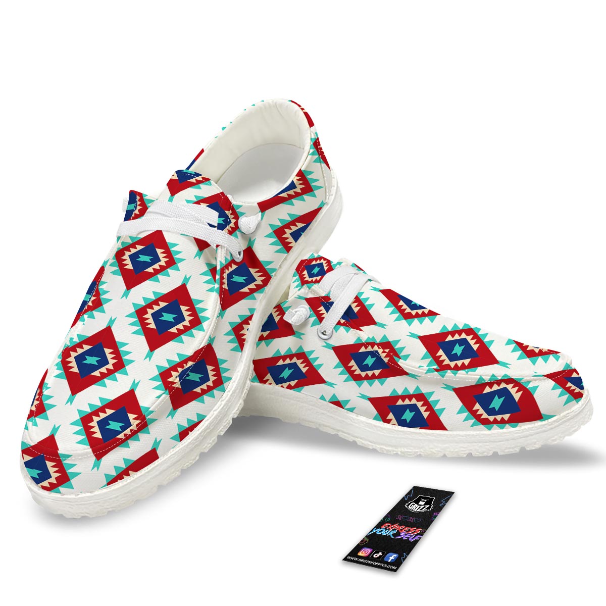Southwestern Teal And Red Print Pattern Black Loafers-grizzshop