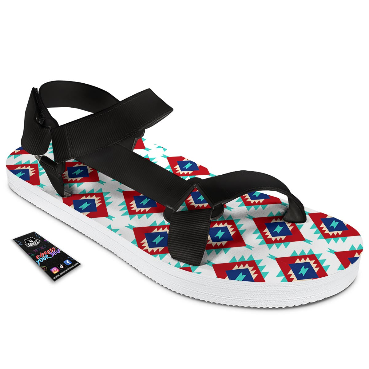 Southwestern Teal And Red Print Pattern Black Open Toe Sandals-grizzshop