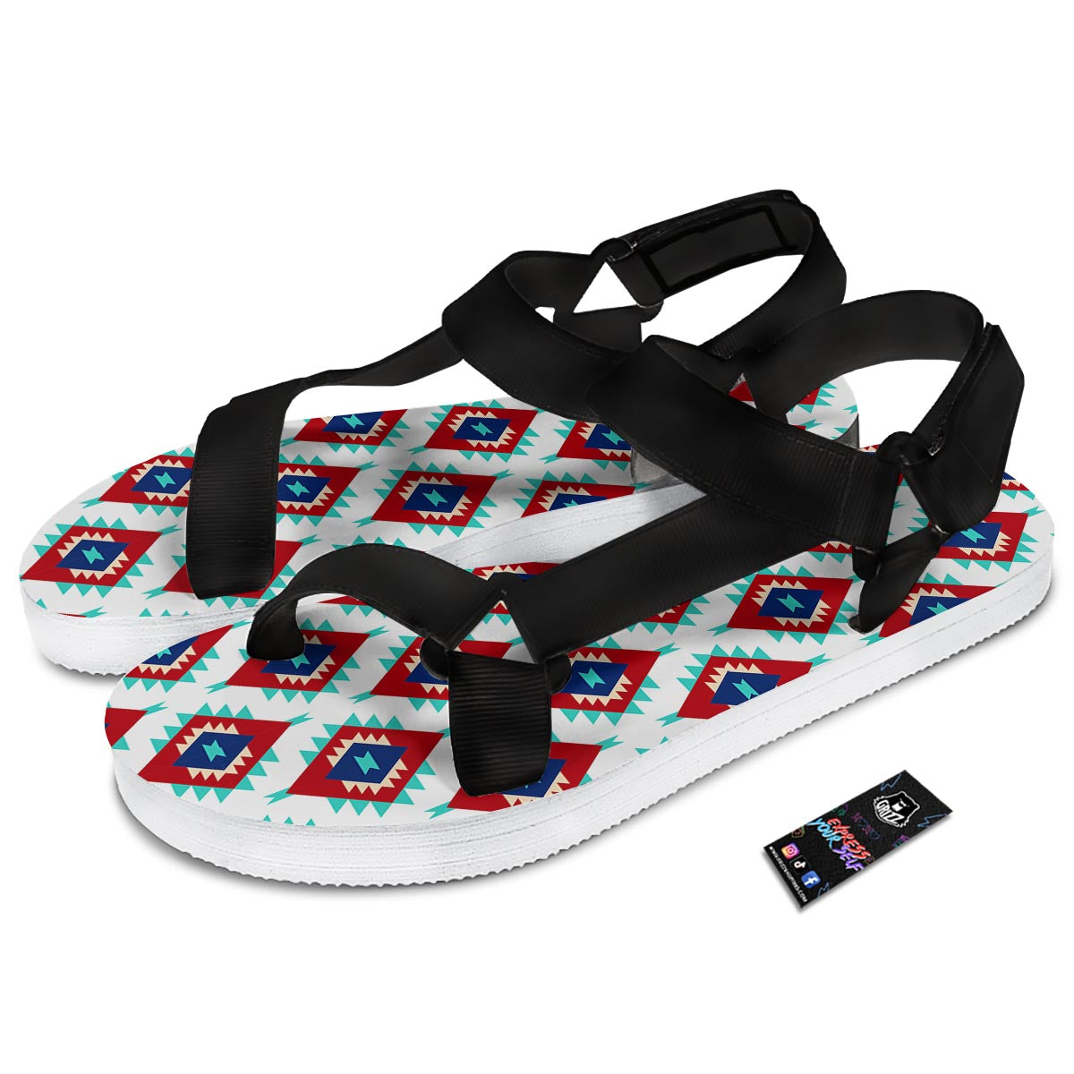 Southwestern Teal And Red Print Pattern Black Open Toe Sandals-grizzshop