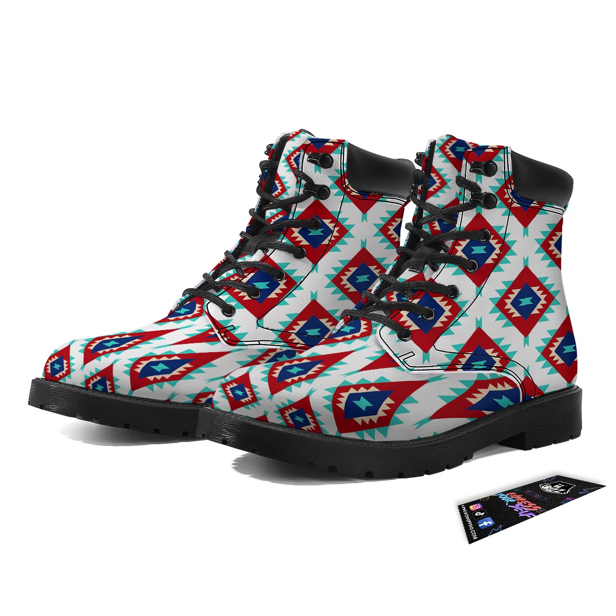 Southwestern Teal And Red Print Pattern Boots-grizzshop