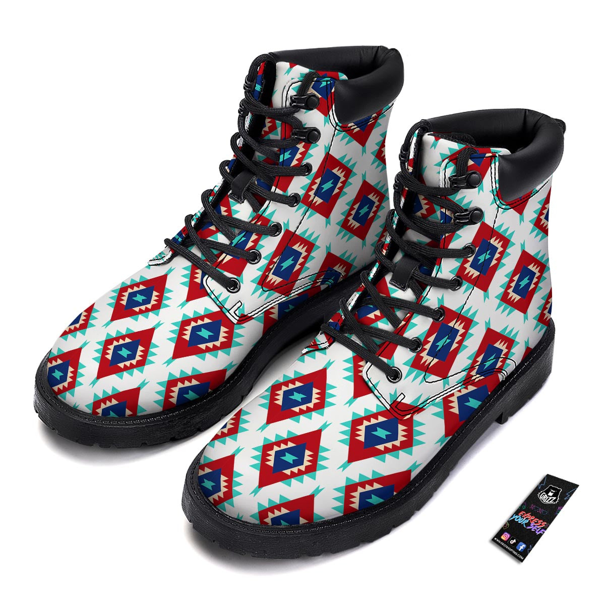Southwestern Teal And Red Print Pattern Boots-grizzshop