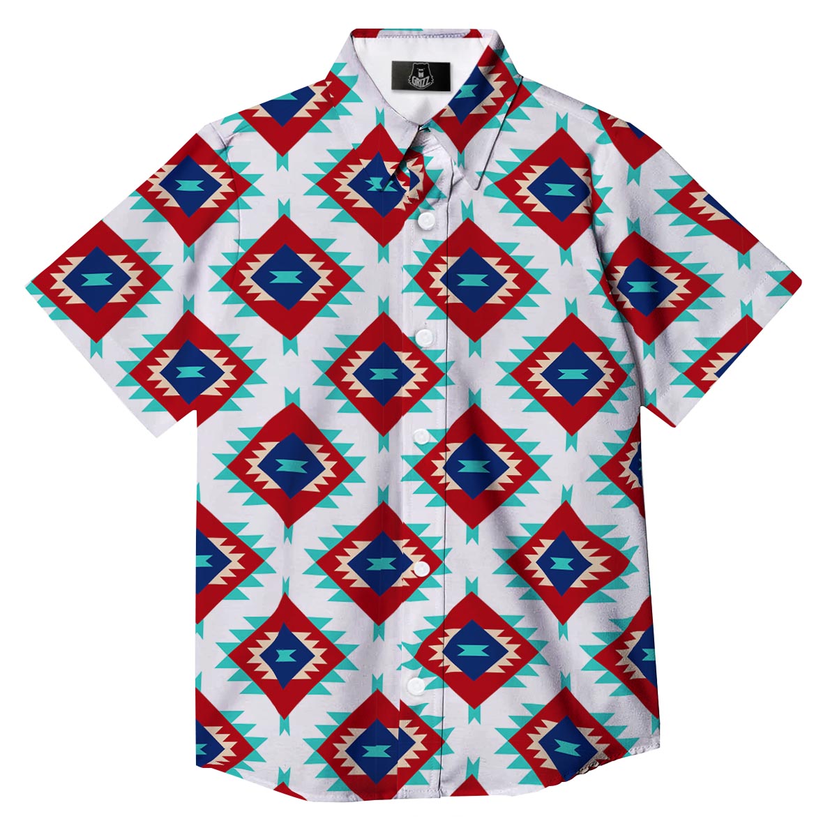 Southwestern Teal And Red Print Pattern Button Up Shirt-grizzshop