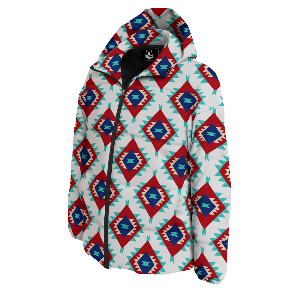 Southwestern Teal And Red Print Pattern Down Jacket-grizzshop