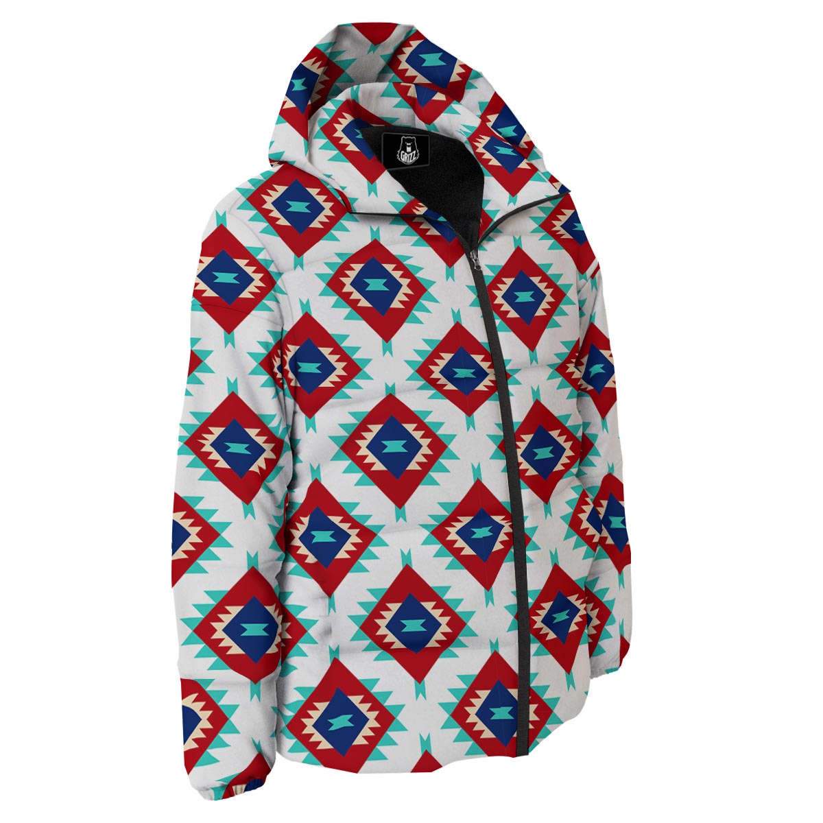 Southwestern Teal And Red Print Pattern Down Jacket-grizzshop