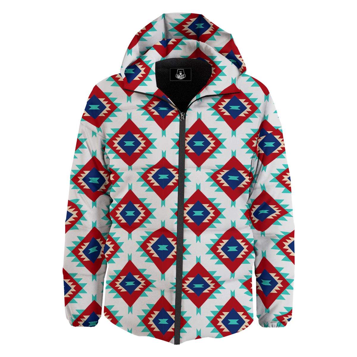 Southwestern Teal And Red Print Pattern Down Jacket-grizzshop