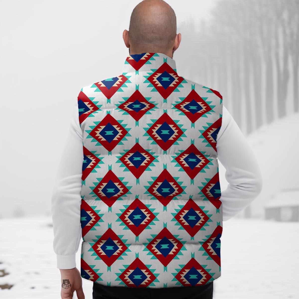 Southwestern Teal And Red Print Pattern Down Vest