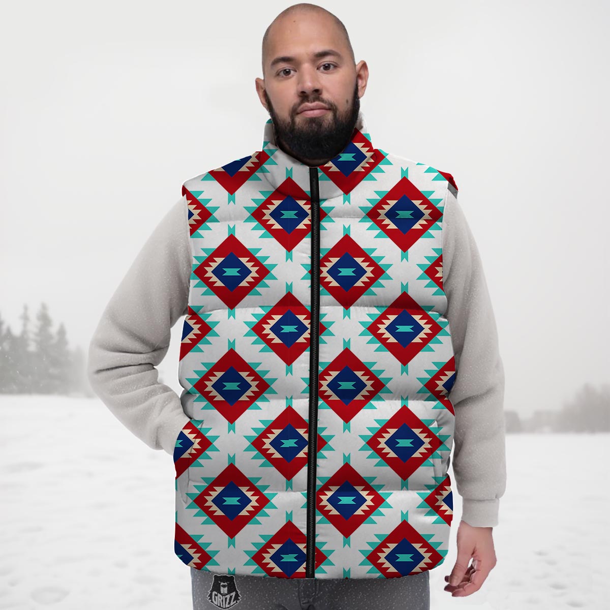 Southwestern Teal And Red Print Pattern Down Vest