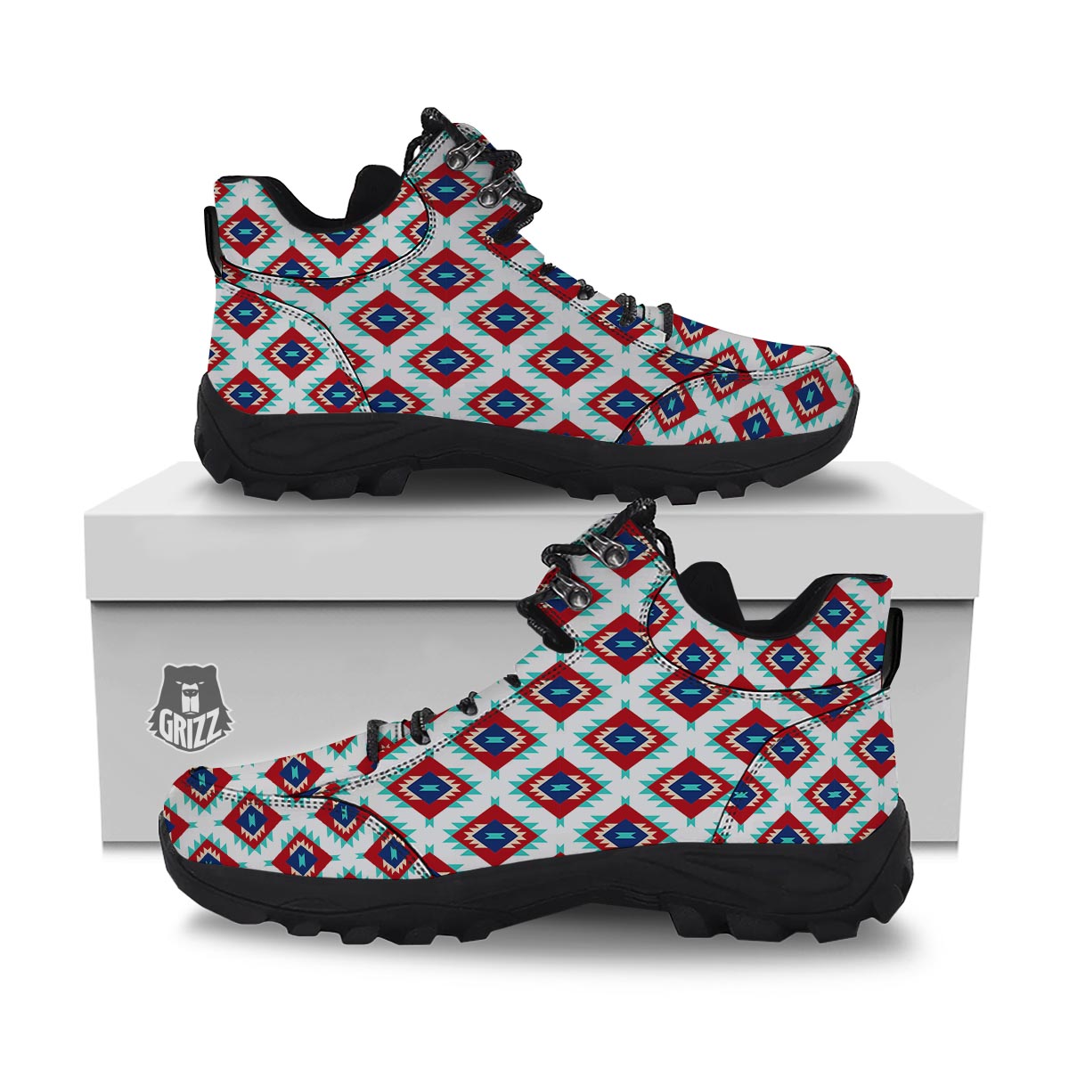 Southwestern Teal And Red Print Pattern Hiking Shoes-grizzshop