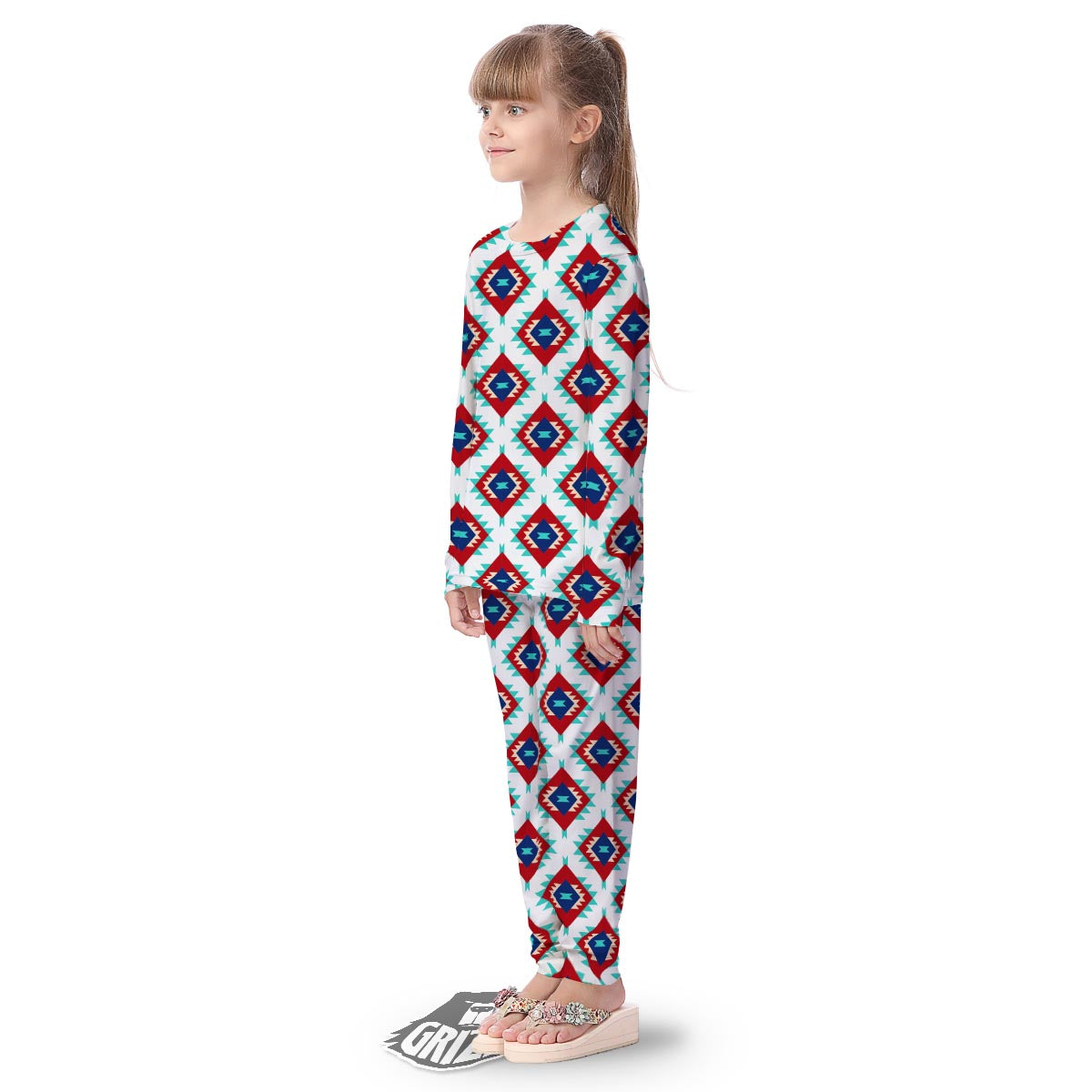 Southwestern Teal And Red Print Pattern Kid's Pajamas-grizzshop