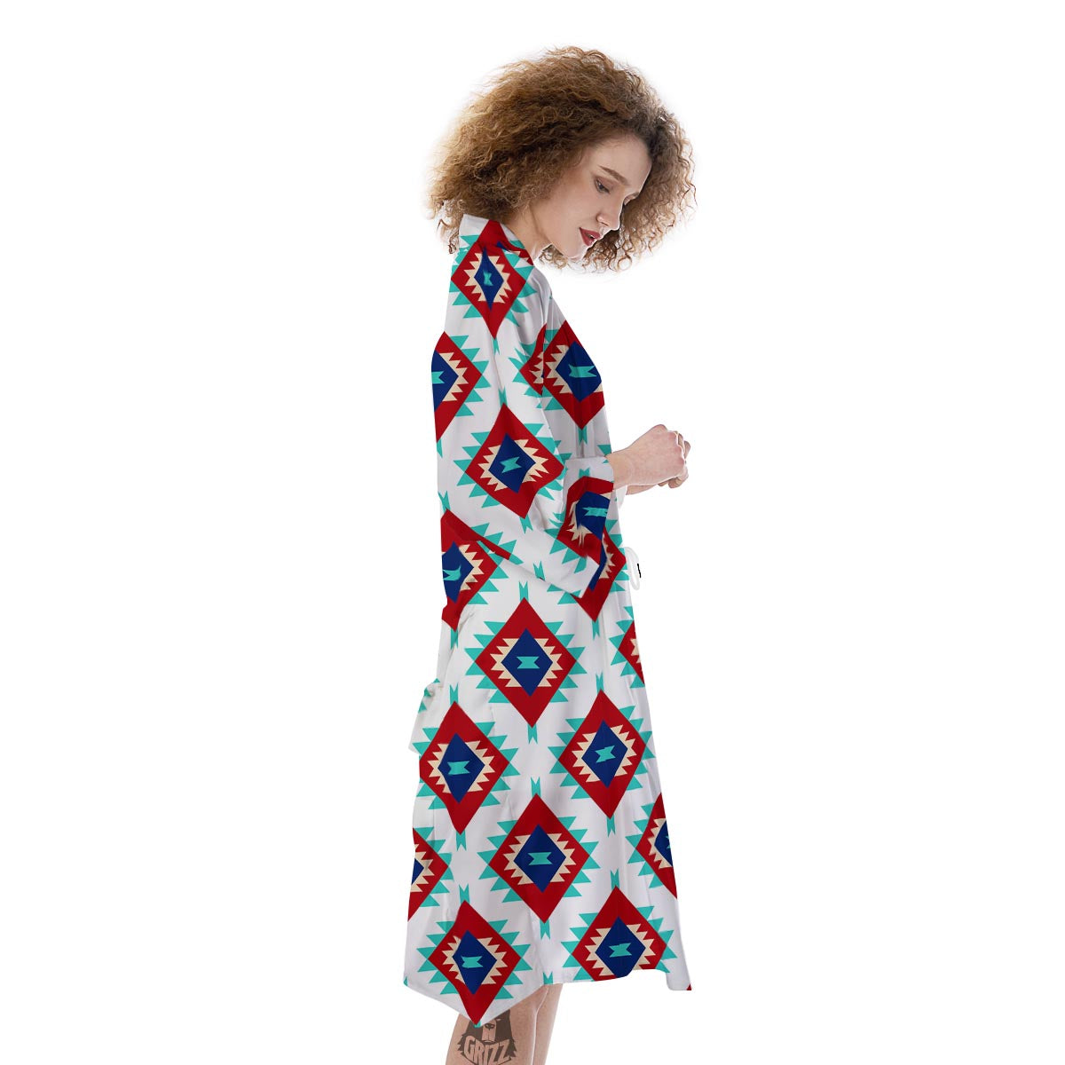 Southwestern Teal And Red Print Pattern Kimono-grizzshop