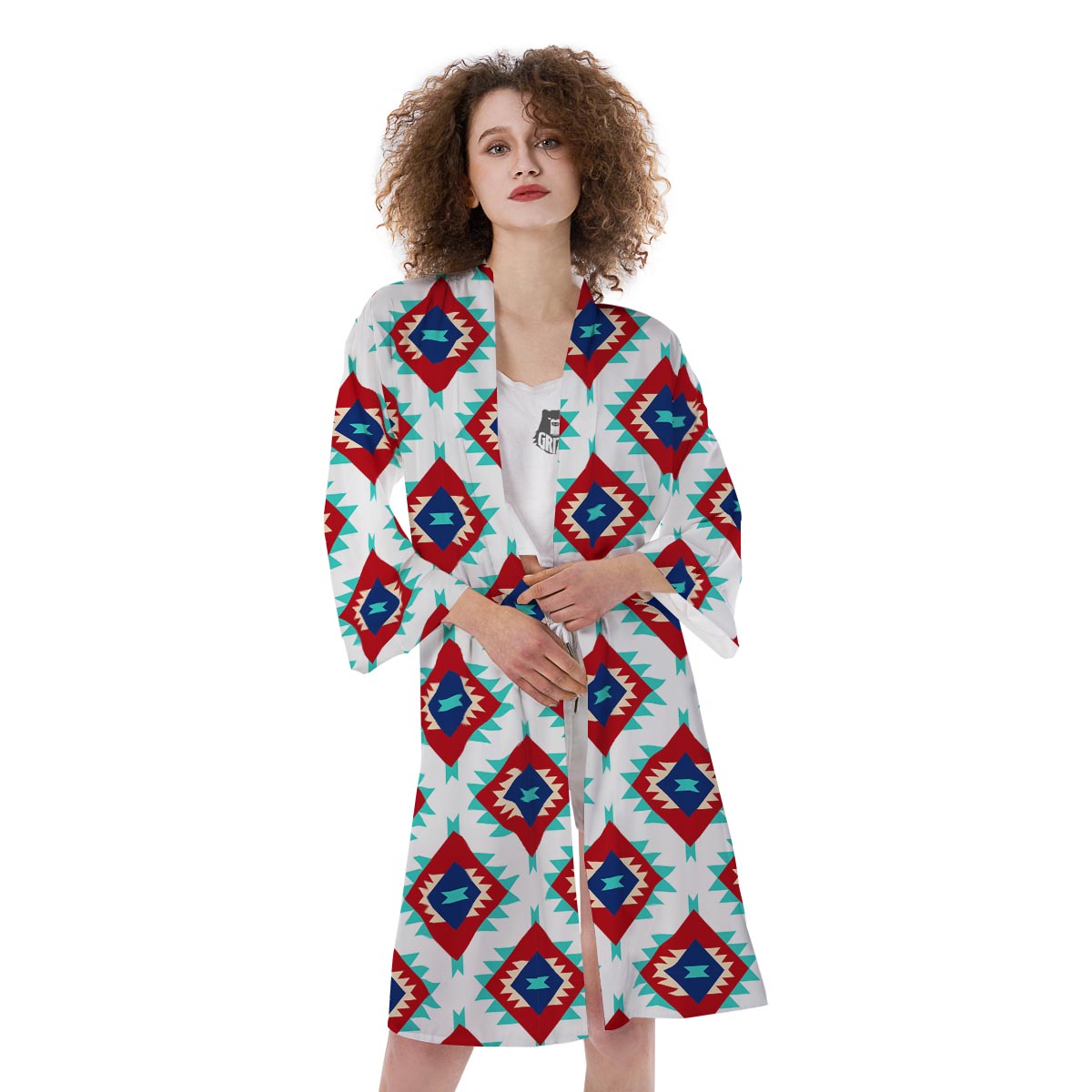 Southwestern Teal And Red Print Pattern Kimono-grizzshop