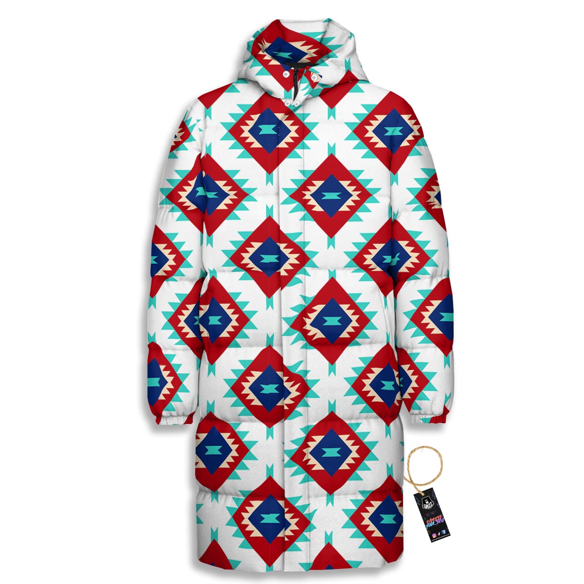 Southwestern Teal And Red Print Pattern Long Down Jacket-grizzshop