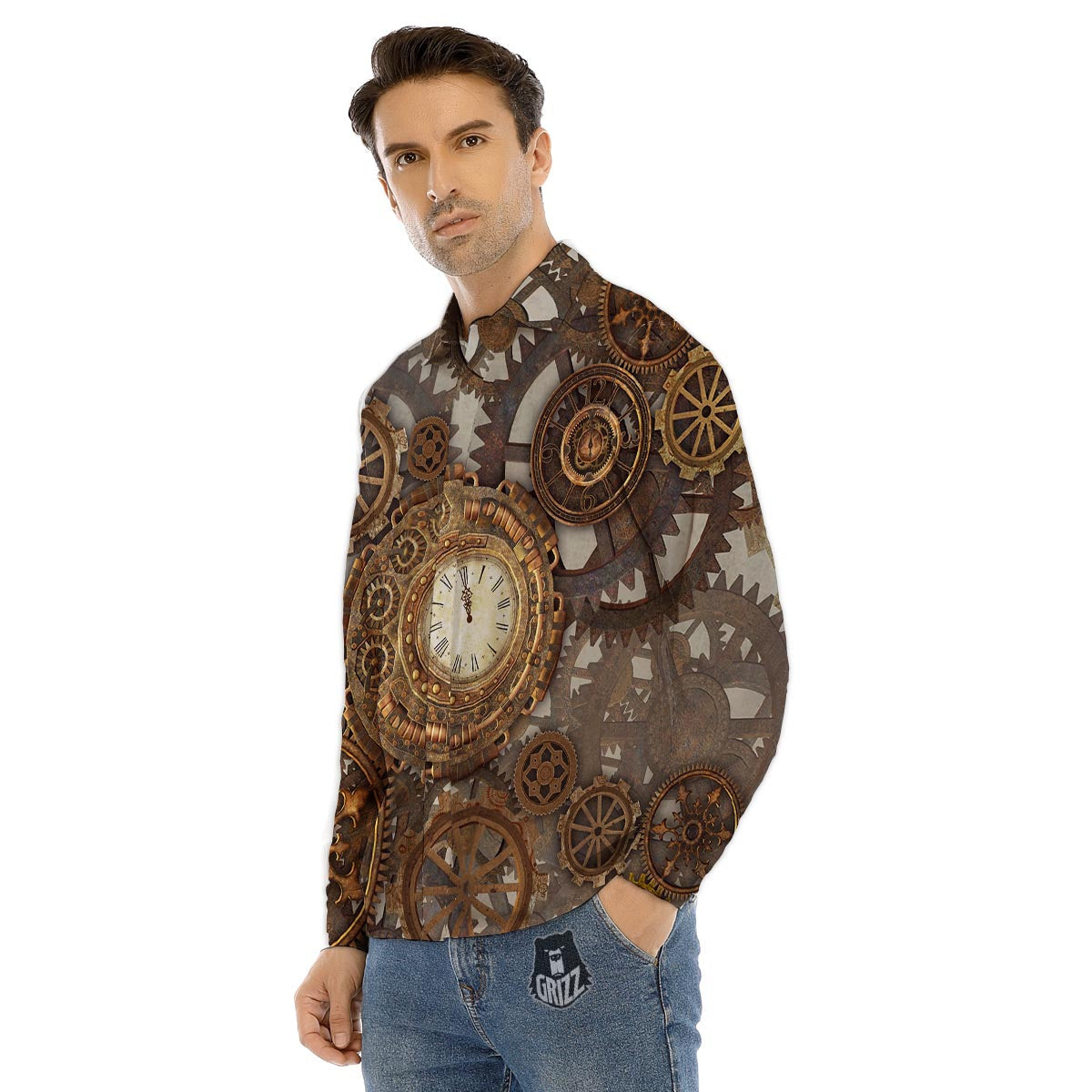 Southwestern Teal And Red Print Pattern Men's Dress Shirts-grizzshop