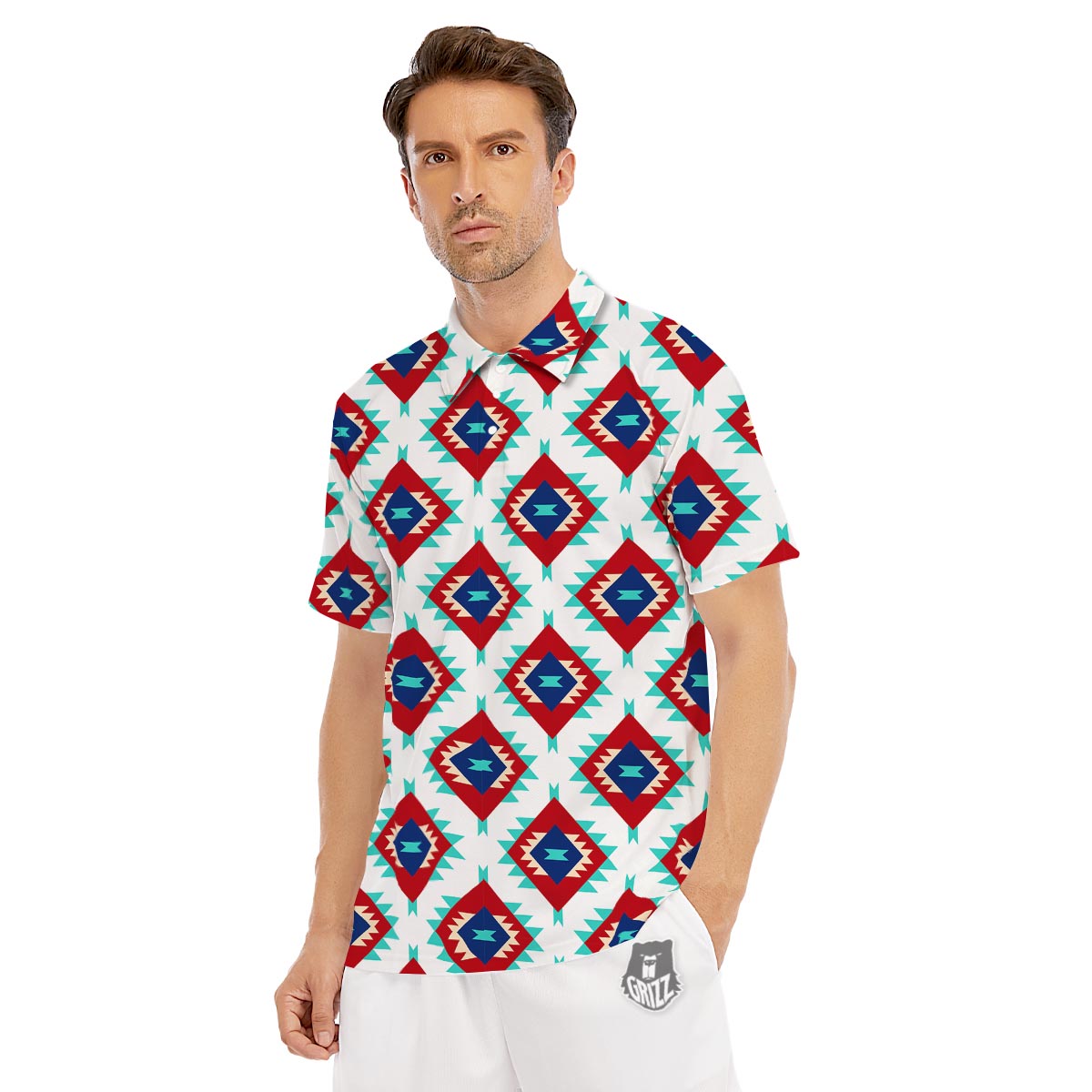 Southwestern Teal And Red Print Pattern Men's Golf Shirts-grizzshop