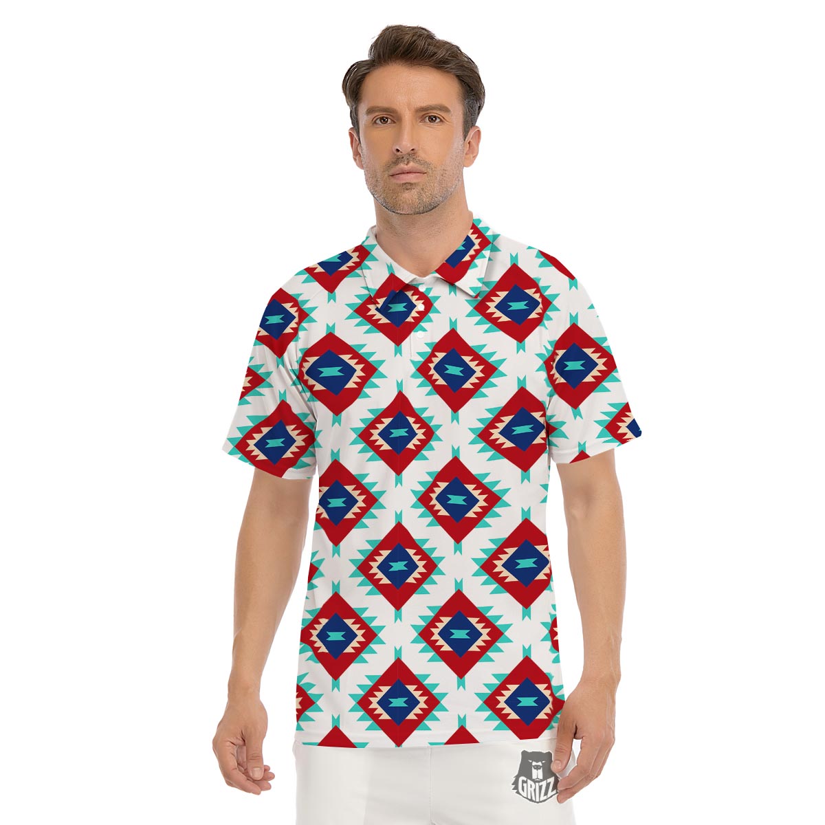Southwestern Teal And Red Print Pattern Men's Golf Shirts-grizzshop