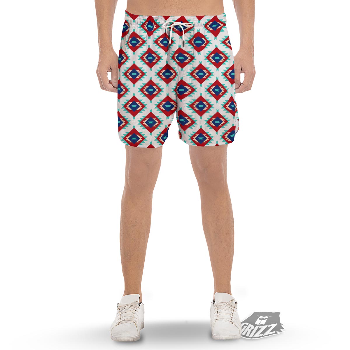 Southwestern Teal And Red Print Pattern Men's Gym Shorts-grizzshop