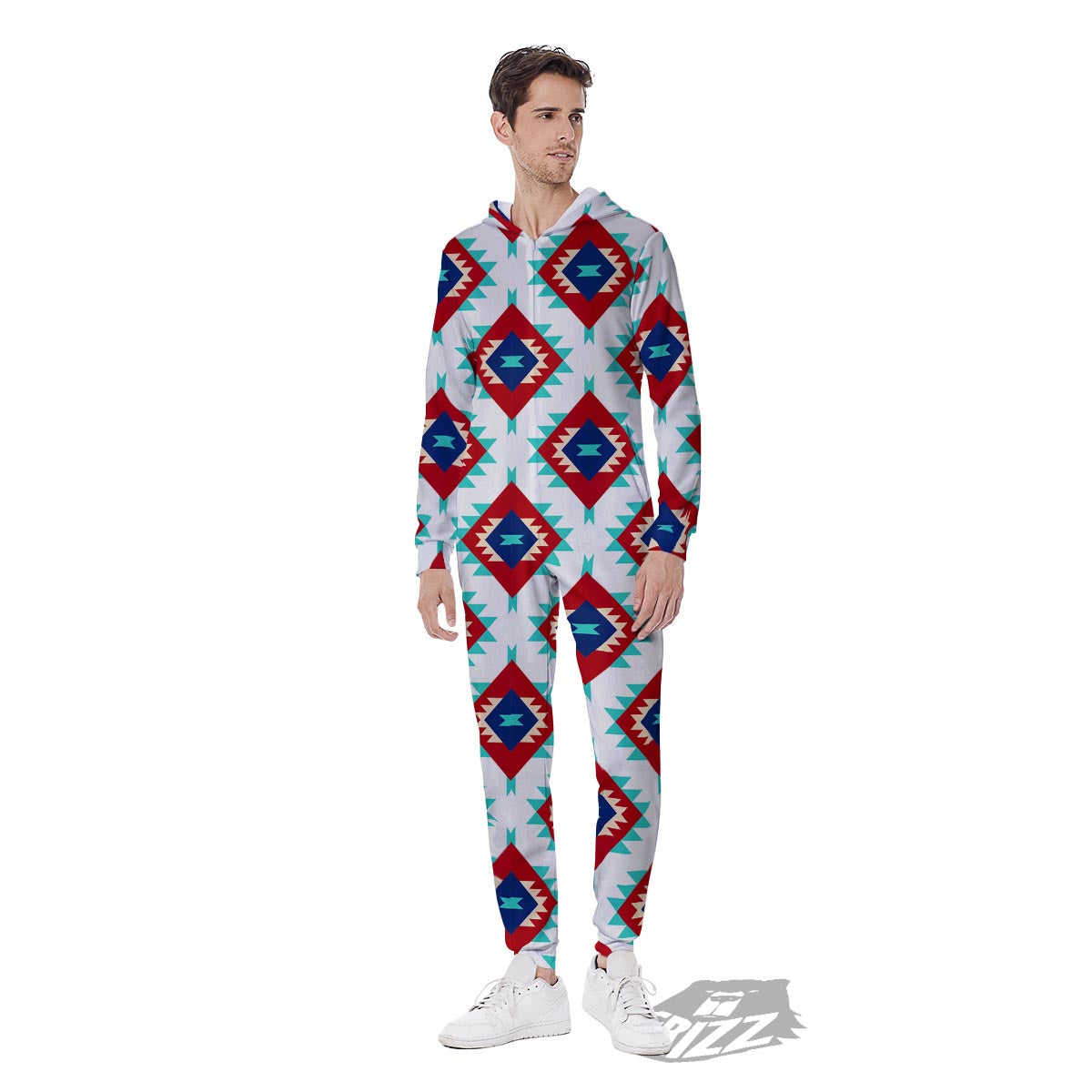 Southwestern Teal And Red Print Pattern Men's Jumpsuit-grizzshop