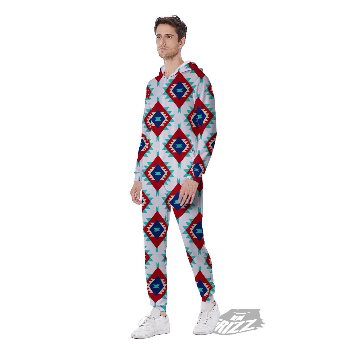 Southwestern Teal And Red Print Pattern Men's Jumpsuit-grizzshop