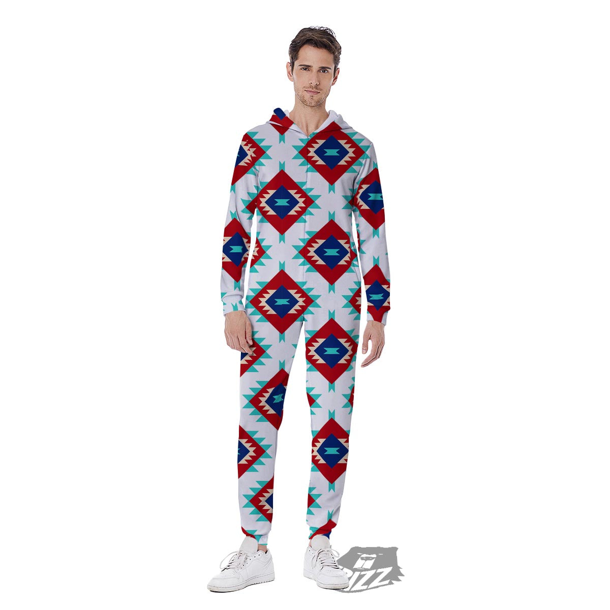 Southwestern Teal And Red Print Pattern Men's Jumpsuit-grizzshop