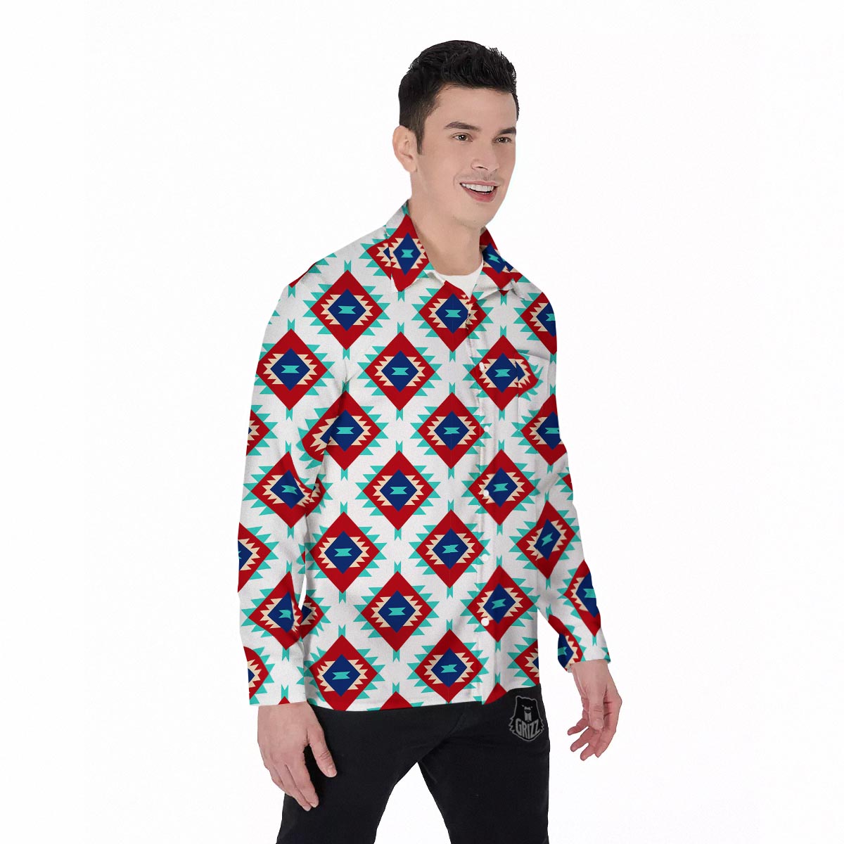 Southwestern Teal And Red Print Pattern Men's Long Sleeve Shirts-grizzshop