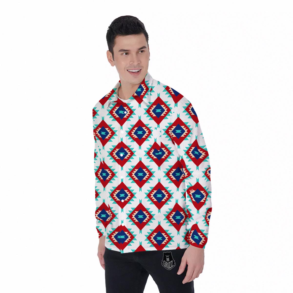Southwestern Teal And Red Print Pattern Men's Long Sleeve Shirts-grizzshop