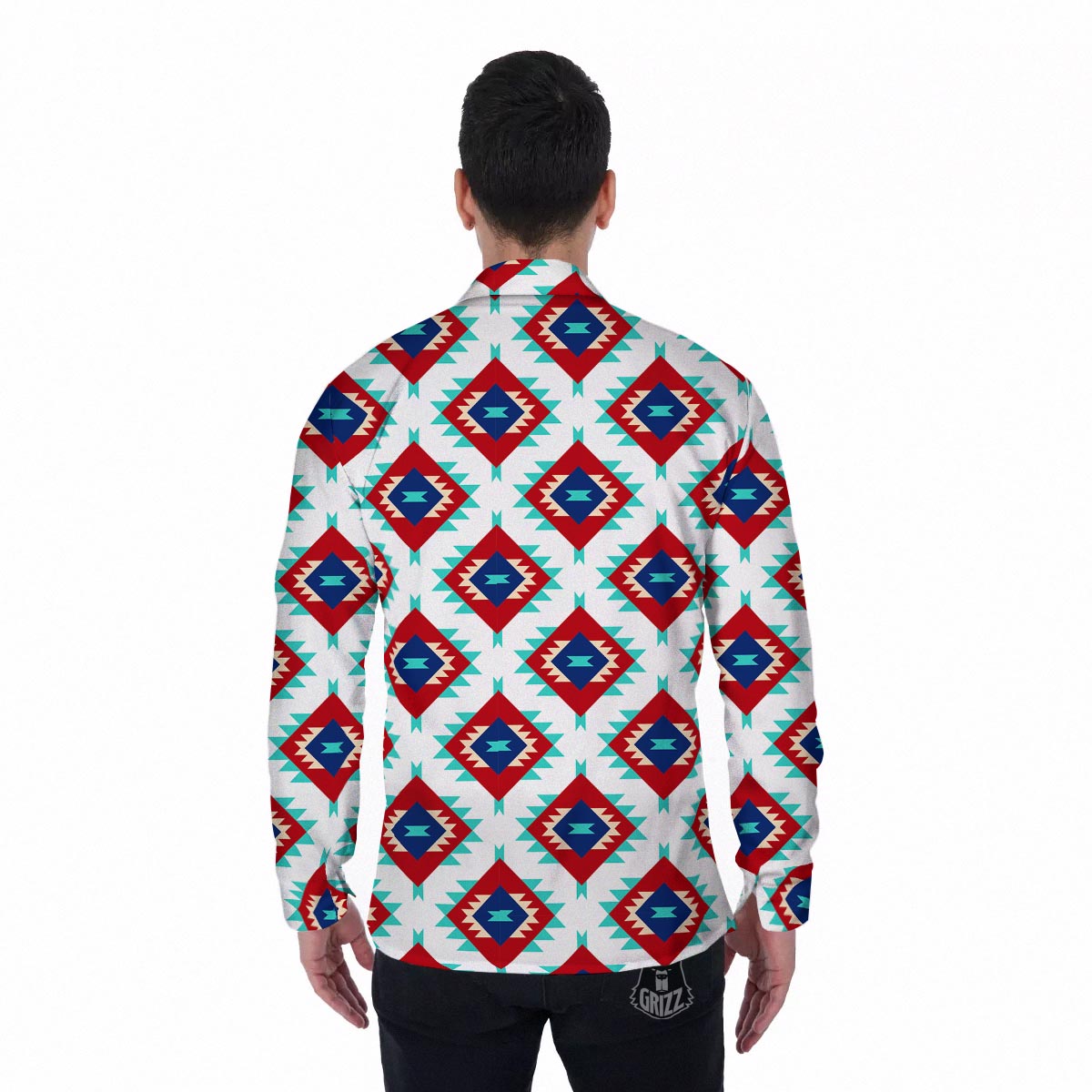 Southwestern Teal And Red Print Pattern Men's Long Sleeve Shirts-grizzshop