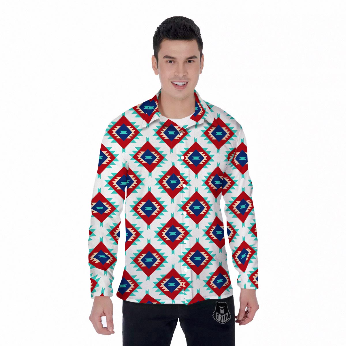 Southwestern Teal And Red Print Pattern Men's Long Sleeve Shirts-grizzshop