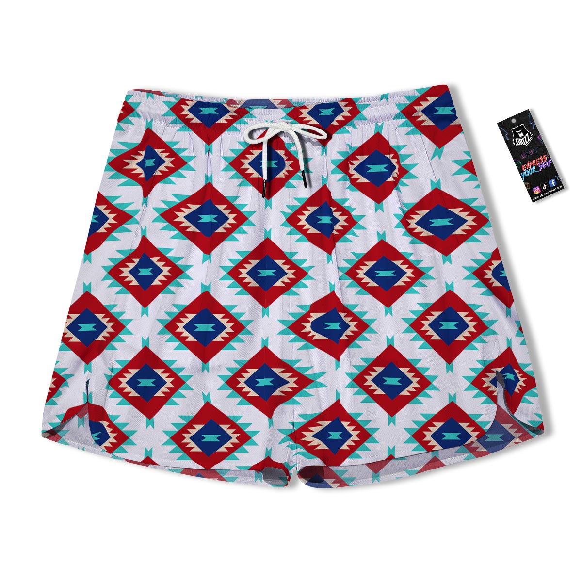 Southwestern Teal And Red Print Pattern Men's Running Shorts-grizzshop
