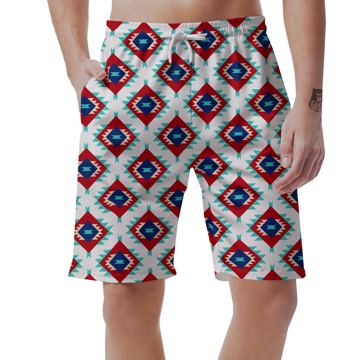 Southwestern Teal And Red Print Pattern Men's Shorts-grizzshop