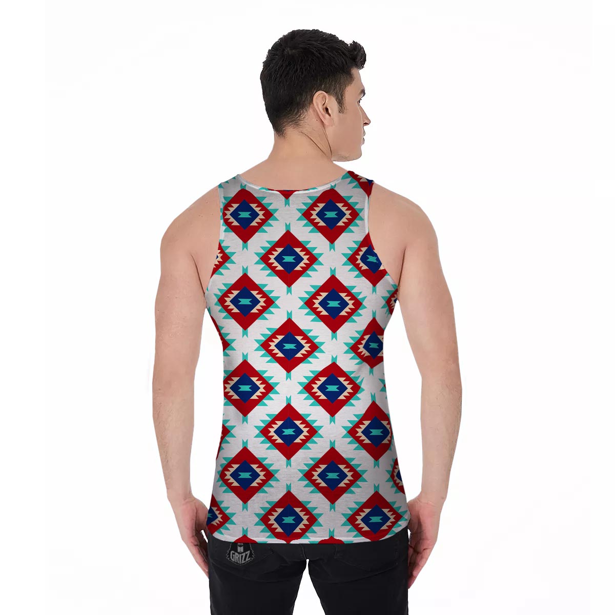 Southwestern Teal And Red Print Pattern Men's Tank Top-grizzshop