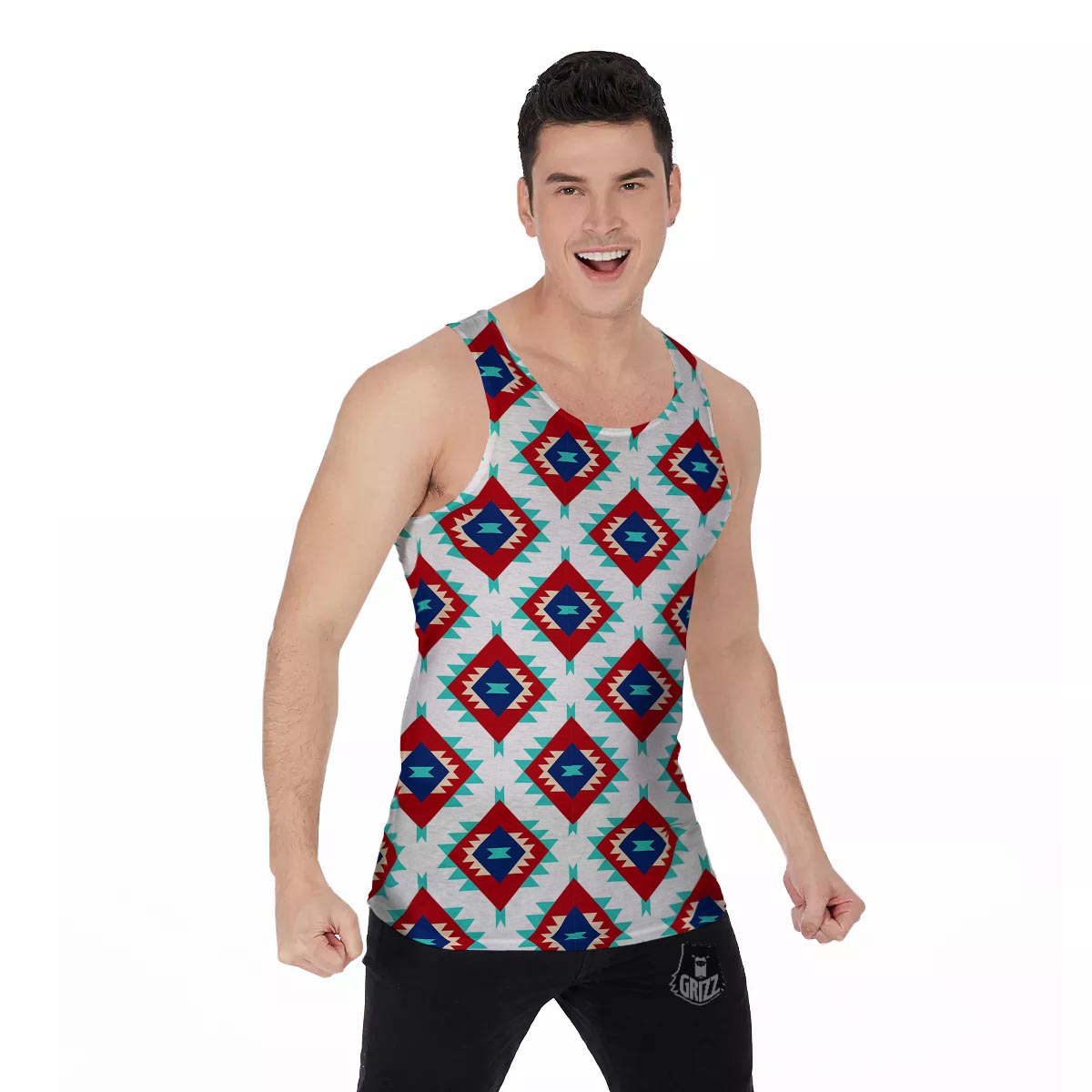 Southwestern Teal And Red Print Pattern Men's Tank Top-grizzshop