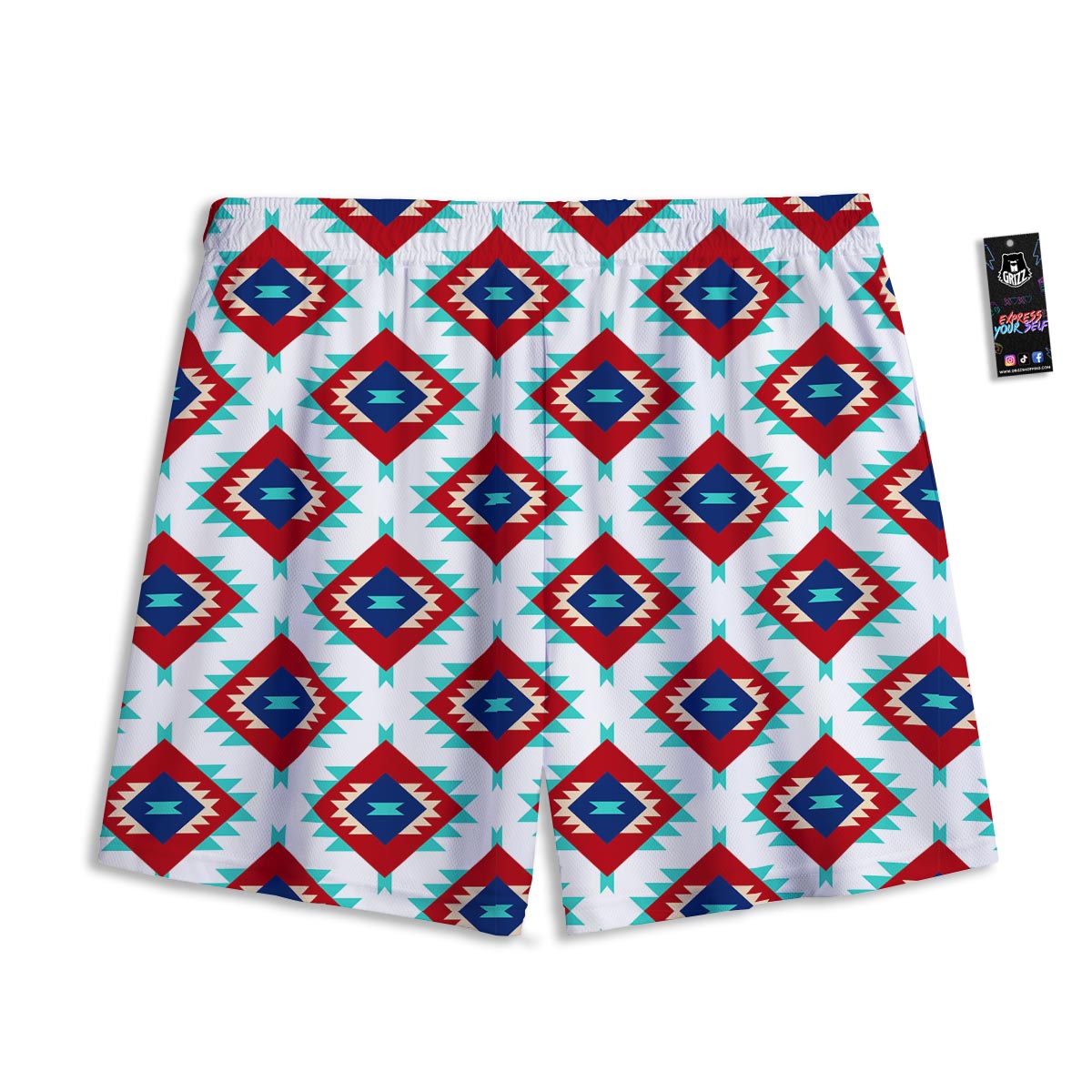 Southwestern Teal And Red Print Pattern Mesh Shorts