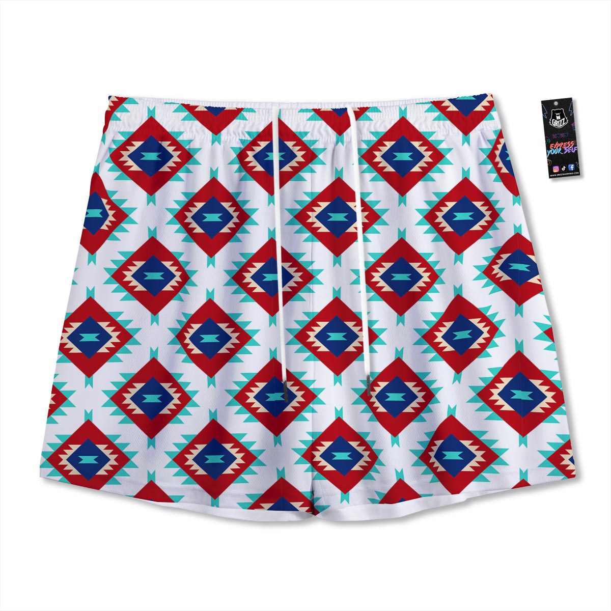 Southwestern Teal And Red Print Pattern Mesh Shorts