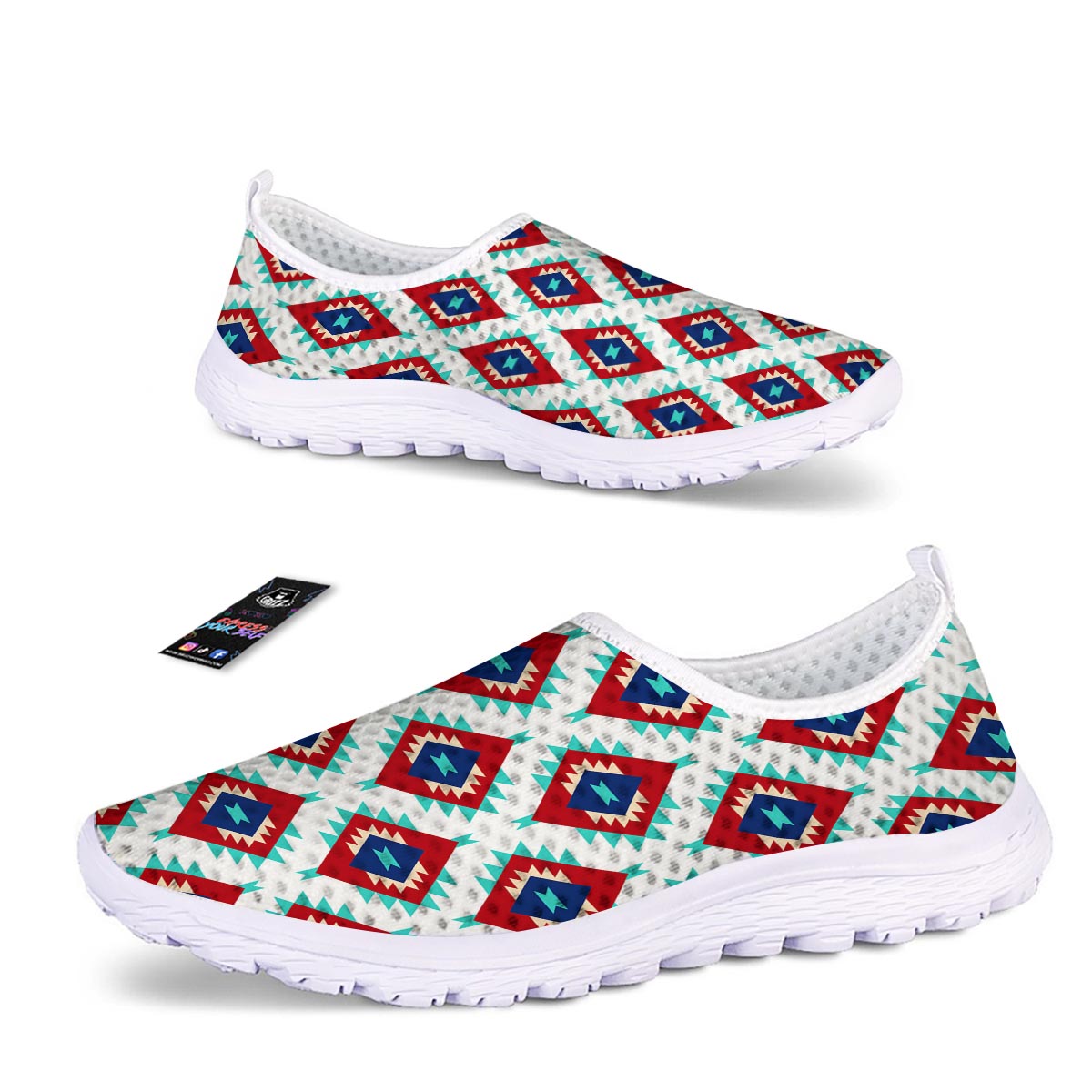 Southwestern Teal And Red Print Pattern Nurse Shoes-grizzshop
