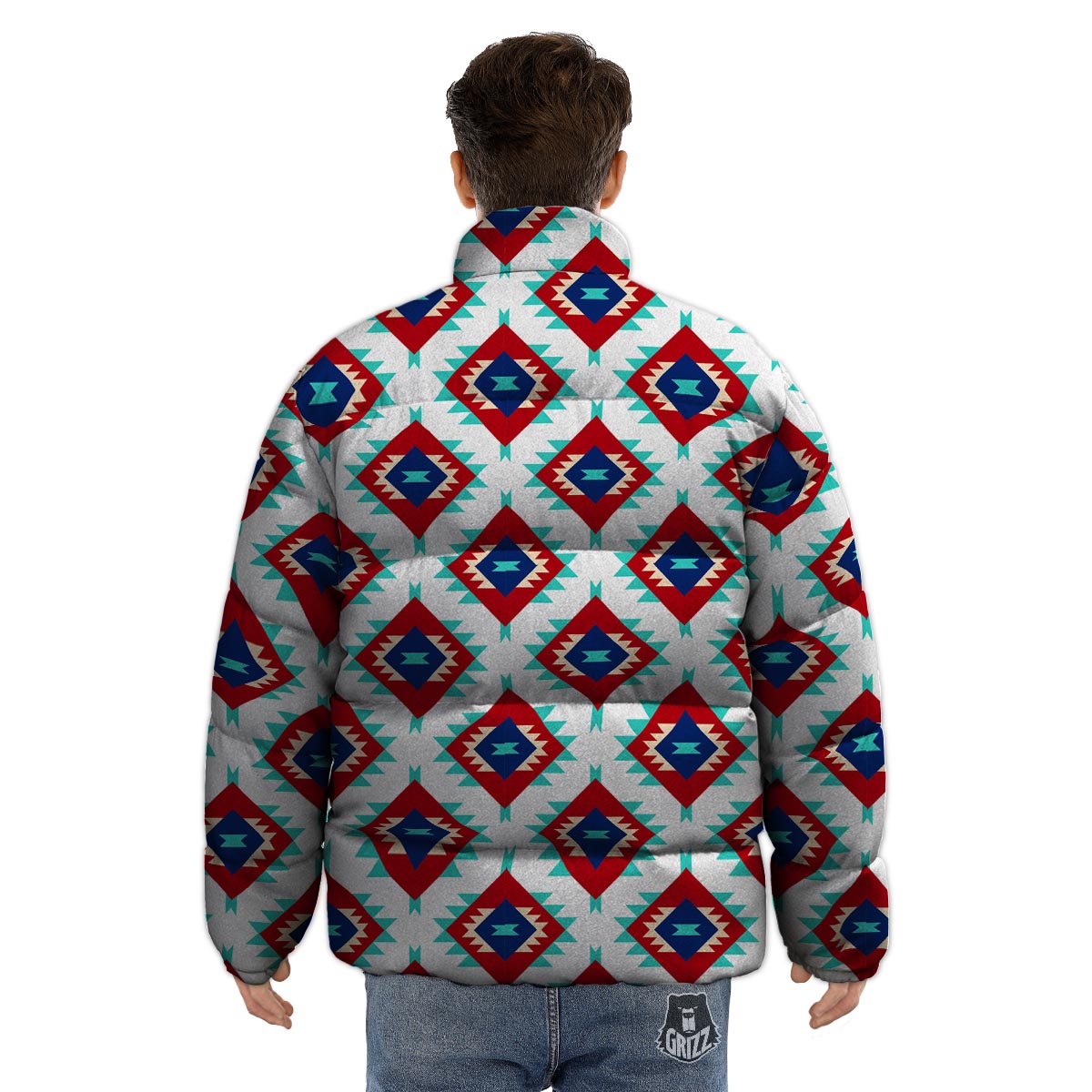 Southwestern Teal And Red Print Pattern Puffer Jacket-grizzshop