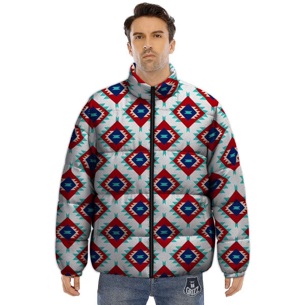 Southwestern Teal And Red Print Pattern Puffer Jacket-grizzshop