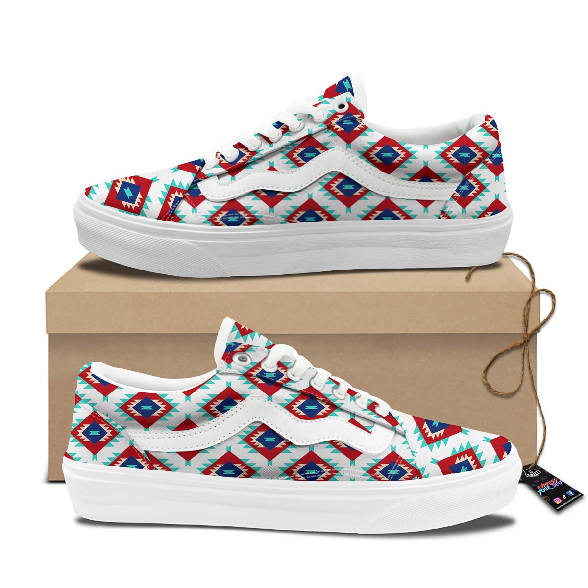 Southwestern Teal And Red Print Pattern Skate Shoes-grizzshop