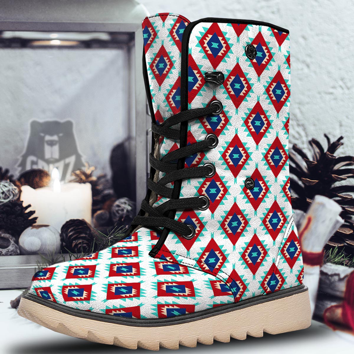 Southwestern Teal And Red Print Pattern Snow Boots-grizzshop