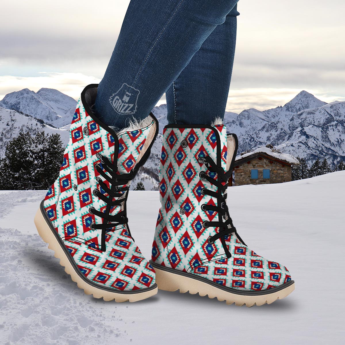 Southwestern Teal And Red Print Pattern Snow Boots-grizzshop