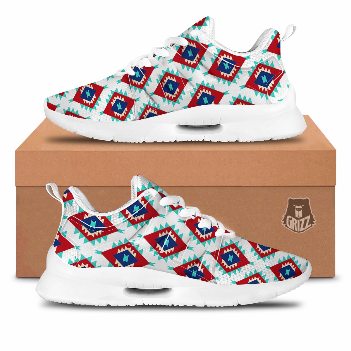 Southwestern Teal And Red Print Pattern Tennis Shoes-grizzshop
