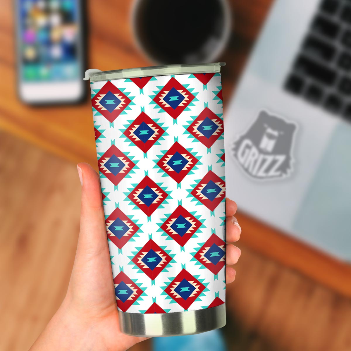 Southwestern Teal And Red Print Pattern Tumbler-grizzshop
